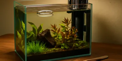 Small floating feeding ring positioned away from a filter intake in a planted betta aquarium with a fine fish-food spoon nearby