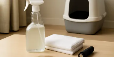 Cat-safe cleaning station with enzyme cleaner bottle, white towel, UV flashlight, and covered litter box in a calm room
