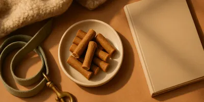 Dog calming treats, notebook, and soft blanket arranged in a quiet warm home setting