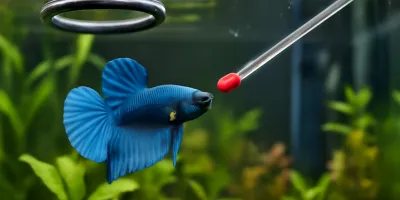 Blue betta fish calmly approaching a small red target tip beside an aquarium feeding ring