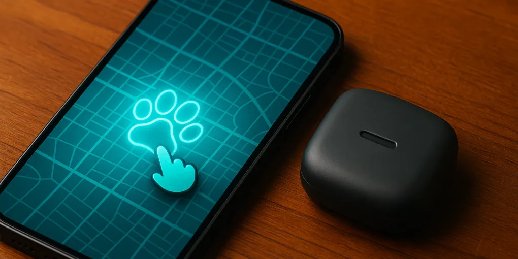 Smartphone with pet tracking app next to a GPS dog collar tracker