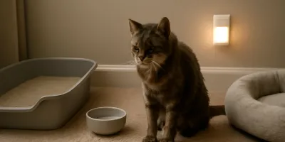 Senior cat beside a low-entry litter box, shallow water bowl, soft bed, and small night light on a quiet floor