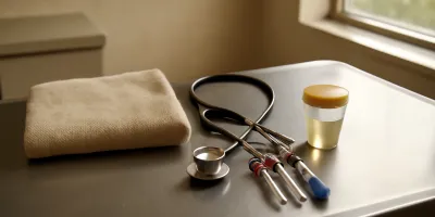 Senior dog bloodwork screening setup with an unlabeled collection tube, urine sample cup, stethoscope, and veterinary chart