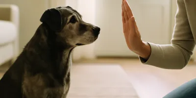 Senior dog watching an owner give a clear hand signal in a quiet sunlit living room