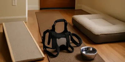 Senior dog standing calmly beside a low ramp and non-slip runner in a home entryway