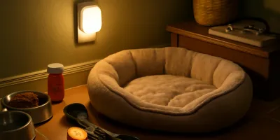 Senior dog standing beside a low night light, water bowl, washable mat, and non-slip runner in a quiet hallway