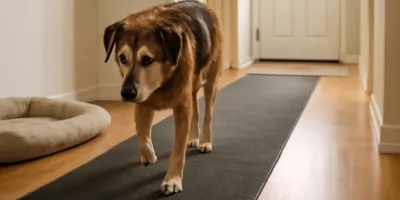 Senior dog walking on a low-profile runner across a home hallway
