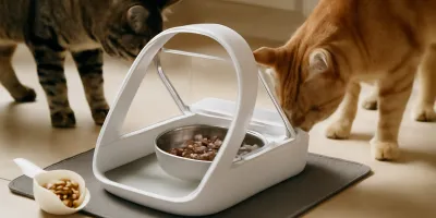 Microchip pet feeder on a kitchen mat with two cats nearby, measured food bowl, cleaning cloth, and feeding log