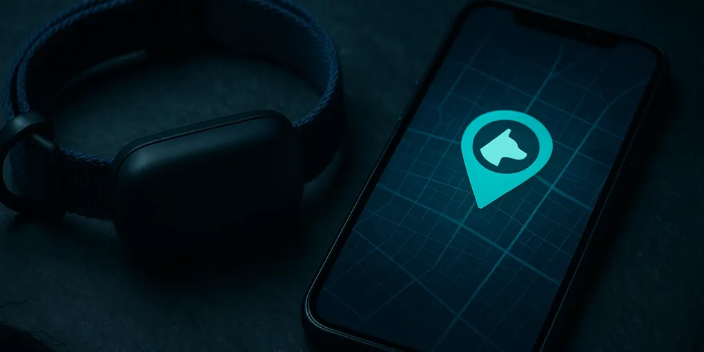 GPS dog collar tracker next to smartphone showing map location